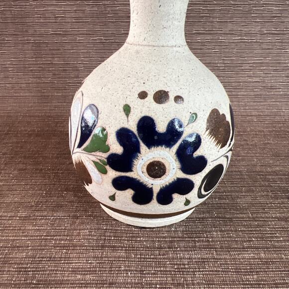 Sign Mexican Tonalá Pottery Vase-Cobalt Blue Flower-6.25″ Folk Art Stoneware VTG - Picture 2 of 8